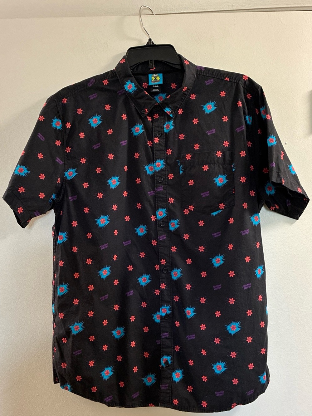 Men's Black Short-Sleeve Button-Down Shirt with Blue & Pink Floral Print